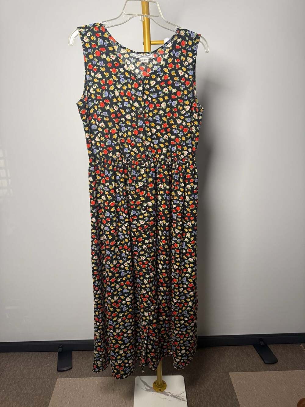 Equation Vintage 100% Rayon Floral Print Button Front Sleeveless Midi Dress Sz M
